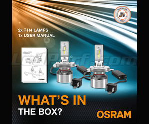 Content of the H4 LED kit Osram LEDriving® XTR bulbs and notice
