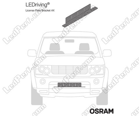 Representation of the Osram LEDriving® LICENSE PLATE BRACKET AX bracket mounted on a vehicle