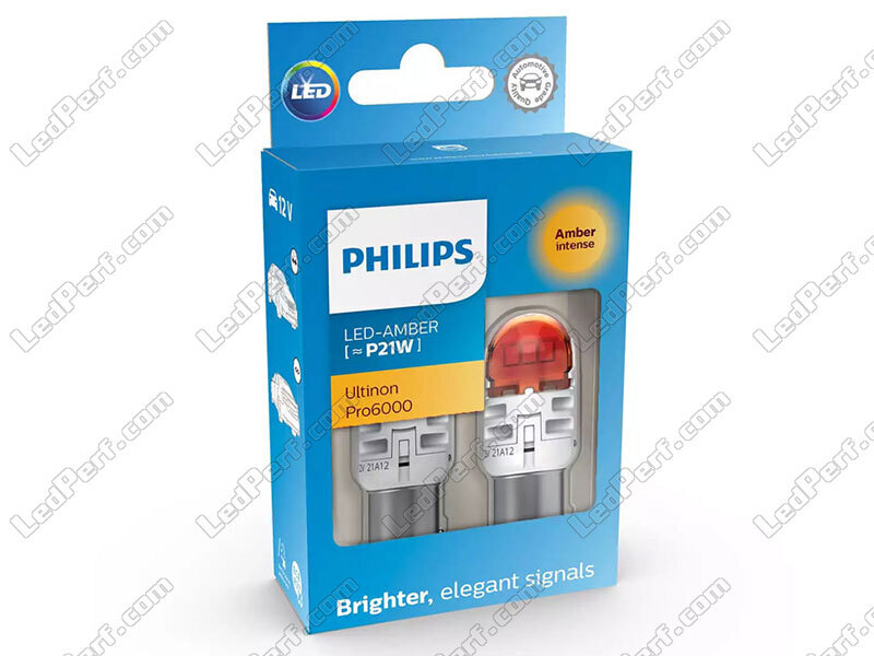 2x Philips P21W Ultinon PRO6000 Amber LED Bulbs - BA15S