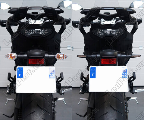 Before and after comparison following a switch to Sequential LED Indicators for CFMOTO NK 450 (2023 - 2023)