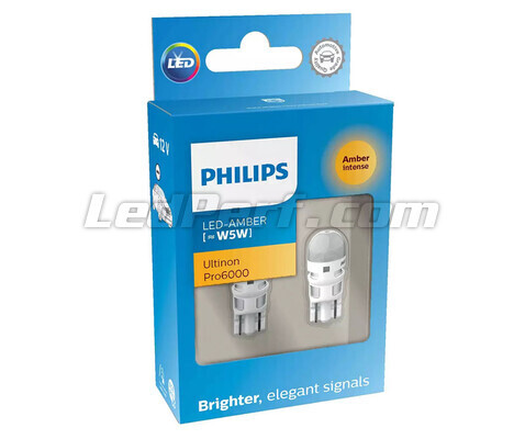 2x Philips WY5W / W5W Ultinon PRO6000 Amber LED Bulbs - T10