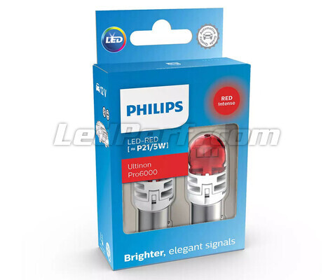 2x Philips P21/5W Ultinon PRO6000 LED Bulbs - Red - BAY15D